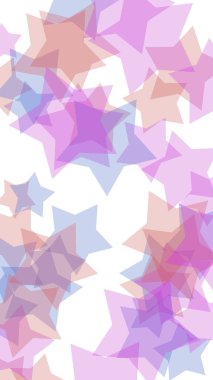 Beyaz arkaplanda çok renkli yarı saydam yıldızlar. Dikey görüntü yönlendirmesi. 3B illüstrasyon