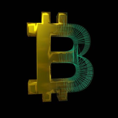 Bitcoin işareti, yeşil şebeke siyah arka planda altına dönüşür. 3B illüstrasyon