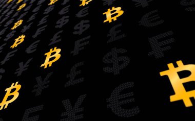 koyu bir arka plan üzerinde tcoin ve para birimi. Dijital kripto para birimi sembolü. İş konsepti. Piyasa Ekranı. 3d illüstrasyon