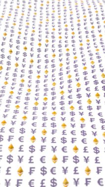 Beyaz arka planda klasik ve para birimi. Dijital şifreleme sembolü. Para dalgası etkisi, piyasa dalgalanmaları. İş konsepti. 3B illüstrasyon
