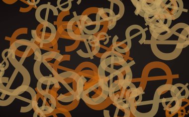 Koyu arka planda çok renkli yarı saydam dolar işaretleri. 3d illüstrasyon