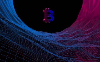 Soyut karanlık arka planda dijital para birimi sembolü Bitcoin. Kripto para piyasasının büyümesi. İş, finans ve teknoloji konsepti. 3d illüstrasyon