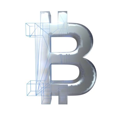 Bitcoin işareti, platin veya gümüş beyaz bir arka plan üzerinde mavi bir ızgara dönüşür. 3d illüstrasyon
