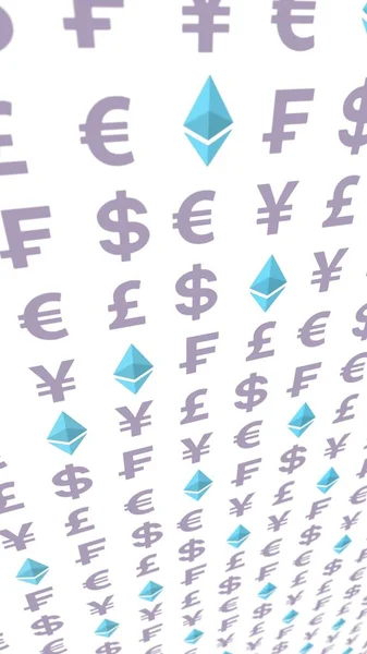 Ethereum Crystal Och Valuta Vit Bakgrund Digital Krypto Symbol Affärsidé — Stockfoto