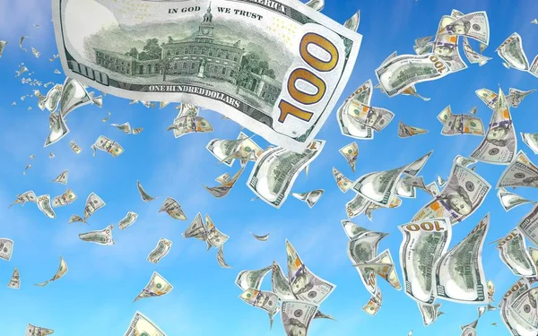 Flying Dollars Bankbiljetten Tegen Hemel Achtergrond Geld Vliegt Lucht 100 — Stockfoto