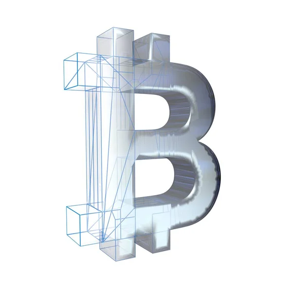 Bitcoin Sign Platinum Silver Verandert Een Blauwe Grid Een Witte — Stockfoto