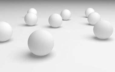 Beyaz soyut arka plan. Beyaz toplar beyaz arka planda izole edilmiş. 3B illüstrasyon