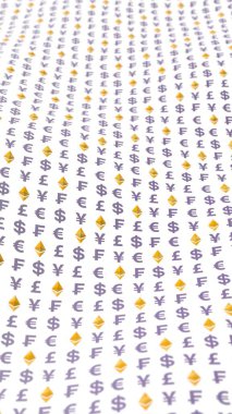 Beyaz arka planda klasik ve para birimi. Dijital şifreleme sembolü. Para dalgası etkisi, piyasa dalgalanmaları. İş konsepti. 3B illüstrasyon