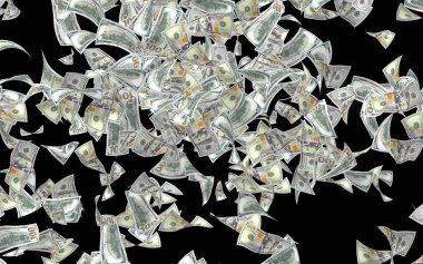 Dolar banknotlar uçan koyu arka plan üzerinde izole. Para havada uçuyor. 100 ABD banknotlar yeni örnek. 3D çizim