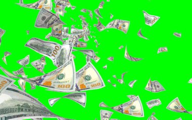 Kromakeyle izole edilmiş uçan dolar banknotları. Havada para uçuyor. 100 Amerikan doları yeni numune alıyor. 3B illüstrasyon