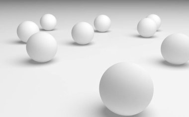 Beyaz soyut arka plan. Beyaz toplar beyaz arka planda izole edilmiş. 3B illüstrasyon