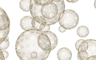 Bitcoin ekonomik mali balonu. kripto para birimi 3d illüstrasyon. İş konsepti. Beyaz arka planda altın kabarcıklar. Bit, Sikke, madencilik kavramı