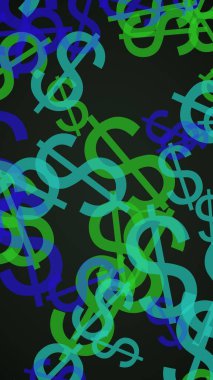 Koyu arka planda çok renkli yarı saydam dolar işaretleri. Yeşil tonları. 3d illüstrasyon