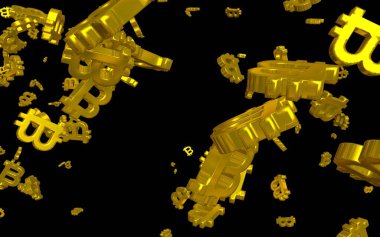 Karanlık bir arka planda dijital para birimi sembolü Bitcoin. Bitcoin düşüşü. Sanal ekranda kripto para birimi grafiği. İş, finans ve teknoloji kavramı. 3B illüstrasyon