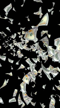 Dolar banknotlar uçan koyu arka plan üzerinde izole. Para havada uçuyor. 100 ABD banknotlar yeni örnek. 3D çizim