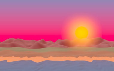 Sun Sea Beach. Sunrise. Sahilde dalgalarla okyanus kıyısı. Dalgalar ile Ada plaj cenneti. Tatil, yaz, rahatlama. Deniz manzarası, deniz kıyısı. Minimalist manzara, ilkellik. 3d illüstrasyon