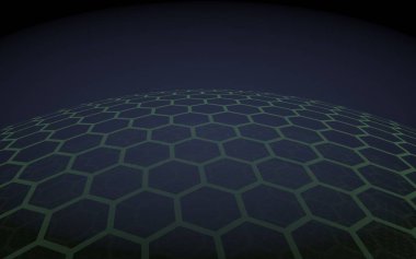 Çok katmanlı petek küresi, koyu arka planda mor, sosyal ağ, bilgisayar ağı, teknoloji, küresel ağ. 3d illüstrasyon