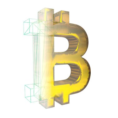 Bitcoin işareti, yeşil şebeke beyaz arka planda altına dönüşür. 3B illüstrasyon