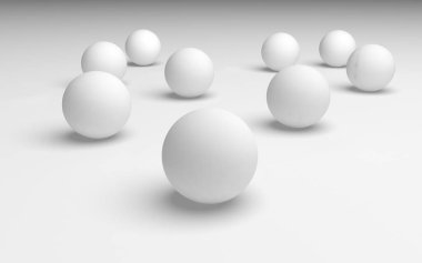 Beyaz soyut arka plan. Beyaz toplar beyaz arka planda izole edilmiş. 3B illüstrasyon