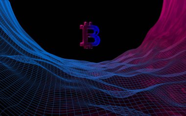 Soyut karanlık arka planda dijital para birimi sembolü Bitcoin. Kripto para piyasasının büyümesi. İş, finans ve teknoloji konsepti. 3d illüstrasyon