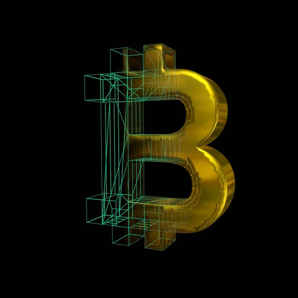 Segno Bitcoin Griglia Verde Trasforma Oro Uno Sfondo Nero Illustrazione — Foto Stock