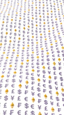 Beyaz arka planda klasik ve para birimi. Dijital şifreleme sembolü. Para dalgası etkisi, piyasa dalgalanmaları. İş konsepti. 3B illüstrasyon
