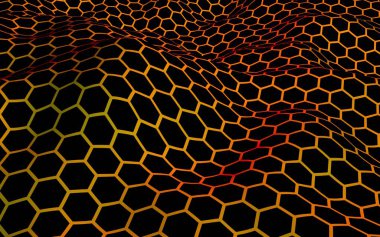 Petek dalga etkisi kırmızı sarı arka plan üzerinde. Çokgen in perspektif görünümü petek gibi görünüyor. Biyometrik geometri. 3d illüstrasyon