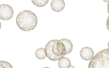 Bitcoin ekonomik mali balonu. kripto para birimi 3d illüstrasyon. İş konsepti. Beyaz arka planda altın kabarcıklar. Bit, Sikke, madencilik kavramı