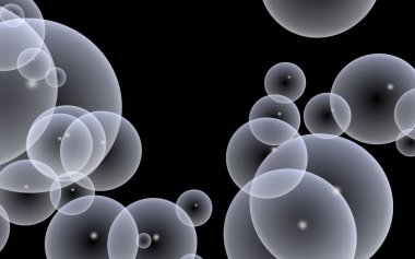 Karanlık arka plan ve aydınlık kabarcıklar. Duvar kağıdı, balonlu doku. 3B illüstrasyon