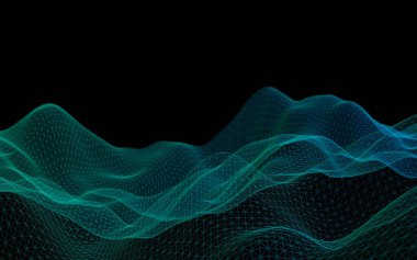 Siyah bir arka plan üzerinde soyut yeşil manzara. Siber uzay şebekesi. merhaba teknoloji ağı. Alan derinliği. 3d illüstrasyon