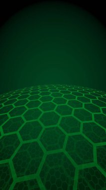 Çok katmanlı petek küresi, koyu arka planda yeşil, sosyal ağ, bilgisayar ağı, teknoloji, küresel ağ. 3d illüstrasyon