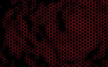 Kırmızı arka plandaki petek. Çokgen in perspektif görünümü petek gibi görünüyor. Biyometrik geometri. 3d illüstrasyon