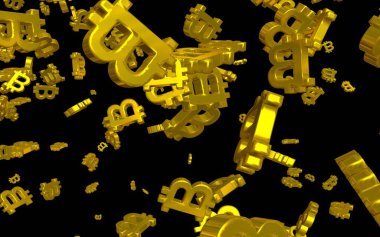 Karanlık bir arka planda dijital para birimi sembolü Bitcoin. Bitcoin düşüşü. Sanal ekranda kripto para birimi grafiği. İş, finans ve teknoloji kavramı. 3B illüstrasyon