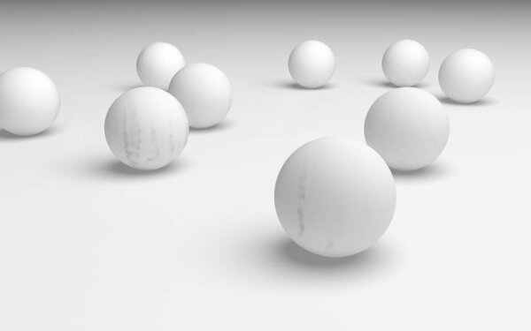 White abstract background. Set of white balls isolated on white backdrop. 3D illustration