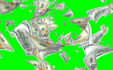 Kromakeyle izole edilmiş uçan dolar banknotları. Havada para uçuyor. 100 Amerikan doları yeni numune alıyor. 3B illüstrasyon