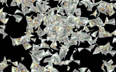 Dolar banknotlar uçan koyu arka plan üzerinde izole. Para havada uçuyor. 100 ABD banknotlar yeni örnek. 3D çizim