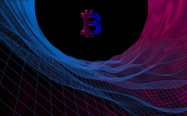Soyut karanlık arka planda dijital para birimi sembolü Bitcoin. Kripto para piyasasının büyümesi. İş, finans ve teknoloji konsepti. 3d illüstrasyon