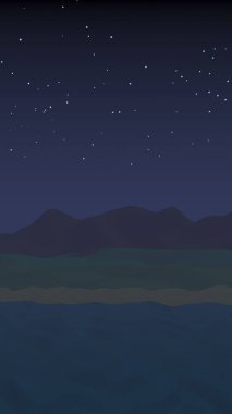 Yıldızlı aysız gökyüzü. Sahilde dalgalarla okyanus kıyısı. Dalgalar ile Ada plaj cenneti. Tatil, yaz, rahatlama. Deniz manzarası, deniz kıyısı. Minimalist manzara, ilkellik. 3d illüstrasyon