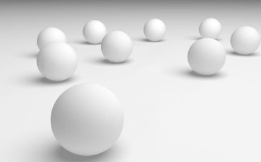 Beyaz soyut arka plan. Beyaz toplar beyaz arka planda izole edilmiş. 3B illüstrasyon