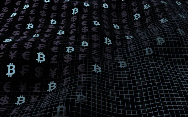 Bitcoin geçmişi. Şifreli para birimi 3 boyutlu illüstrasyon. Dijital para birimi sembolü. İş konsepti. Madencilik, geliştirme, kripto ticareti