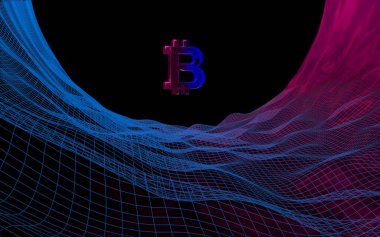 Soyut karanlık arka planda dijital para birimi sembolü Bitcoin. Kripto para piyasasının büyümesi. İş, finans ve teknoloji konsepti. 3d illüstrasyon