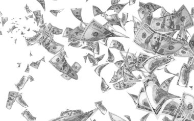 Dolar banknotlar uçan beyaz arka plan üzerinde izole. Para havada uçuyor. 100 ABD banknotlar yeni örnek. Siyah ve beyaz tarzı. 3D çizim