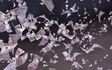 Uzay yıldızlı arka planda euro banknotları uçurmak. Uzayda para uçuyor. 500 EURO renkli. 3B illüstrasyon