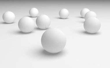 Beyaz soyut arka plan. Beyaz toplar beyaz arka planda izole edilmiş. 3B illüstrasyon