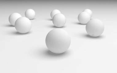 Beyaz soyut arka plan. Beyaz toplar beyaz arka planda izole edilmiş. 3B illüstrasyon