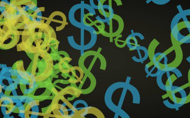 Koyu arka planda çok renkli yarı saydam dolar işaretleri. 3d illüstrasyon