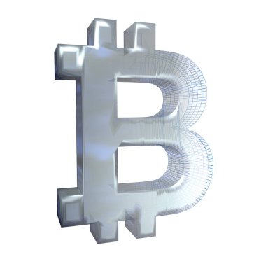 Bitcoin işareti, platin veya gümüş beyaz bir arka plan üzerinde mavi bir ızgara dönüşür. 3d illüstrasyon