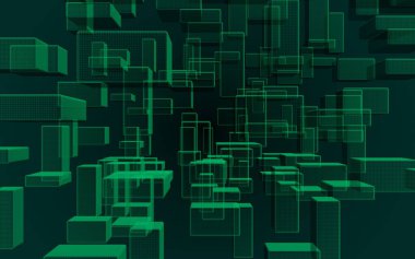 Yeşil ve koyu arka dijital ve teknoloji plan. Dikdörtgenler tekrarlayan olan desen. 3D çizim