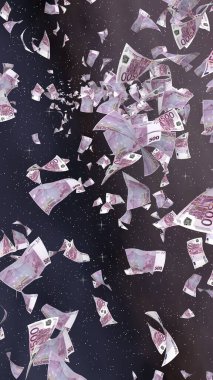Uzay yıldızlı arka planda euro banknotları uçurmak. Uzayda para uçuyor. 500 EURO renkli. Dikey oryantasyon. 3B illüstrasyon