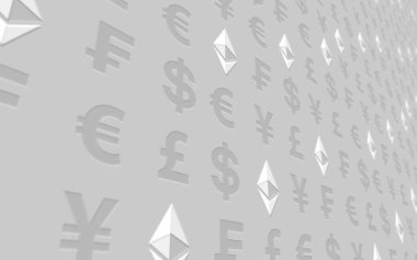 Ethereum klasik ve para beyaz bir arka plan üzerinde. Dijital kripto para birimi sembolü. İş konsepti. Piyasa Ekranı. 3d illüstrasyon